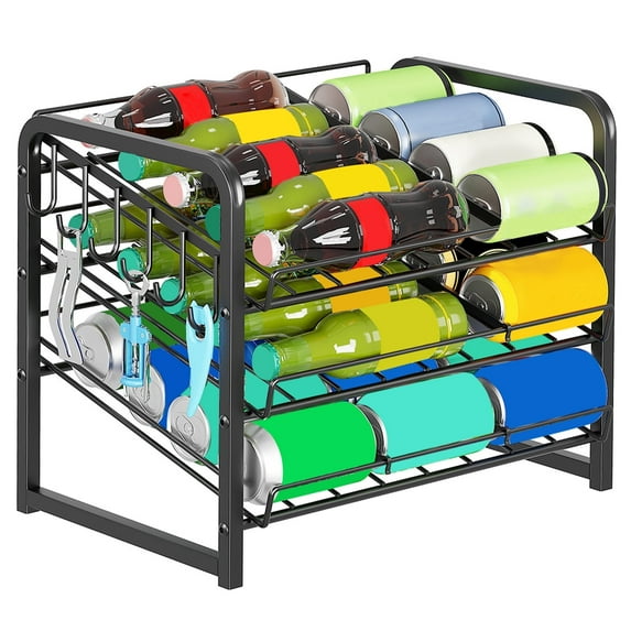 Stackable Can Rack Organizer, 3-Tier Carbon Steel Shelf – Holds Up to 36 Cans W/6 Hooks, 17" W x 11" D x 13.6" H – Pantry Cabinet Food Storage Dispenser,Black