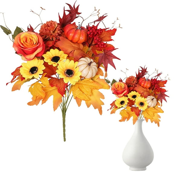 Simulation Fake Mixed Silk Sunflower Rose Bouquet for Vase Autumn Faux Maple Leaf for Home Wedding Party Decoration,1 Bundles Fall Flowers Artificial Sunflowers Bouquet with Maple Leaves,Orange,16.9"