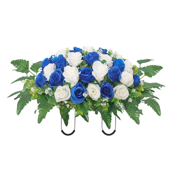 Simulation Funeral Arrangement Tombstone Flower Arrangement, Artificial Cemetery Flower Saddles for Artificial Rose Cemetery Memorial for Outdoor Flowers Decorations, 1Pc(Blue,26.7x19.7")