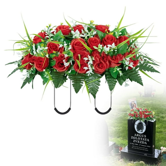 Miyuadkai Cemetery Flower Saddle Outdoor Decorations Non Colors Rose Combination Flower, 1 Simulated Funeral Flower Arrangement for Tombstones