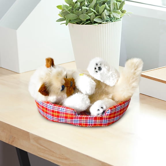 Simulation Furry Realistic Meowing Cat Ornament Lifelike Plush Toy with Buzzer for Home Office Shelf Car Decor Kids Gift, Random Color Pad