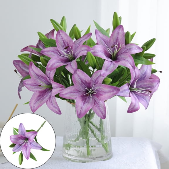 Simulation Home Decoration Lily Full Purple, Faux Lily Flowers, Artificial Tiger Lilies, Latex Flower Bouquet, Latex Artificial Tiger Lilies, Realistic Bouquet, for Home Wedding Decoration, Soft Touch
