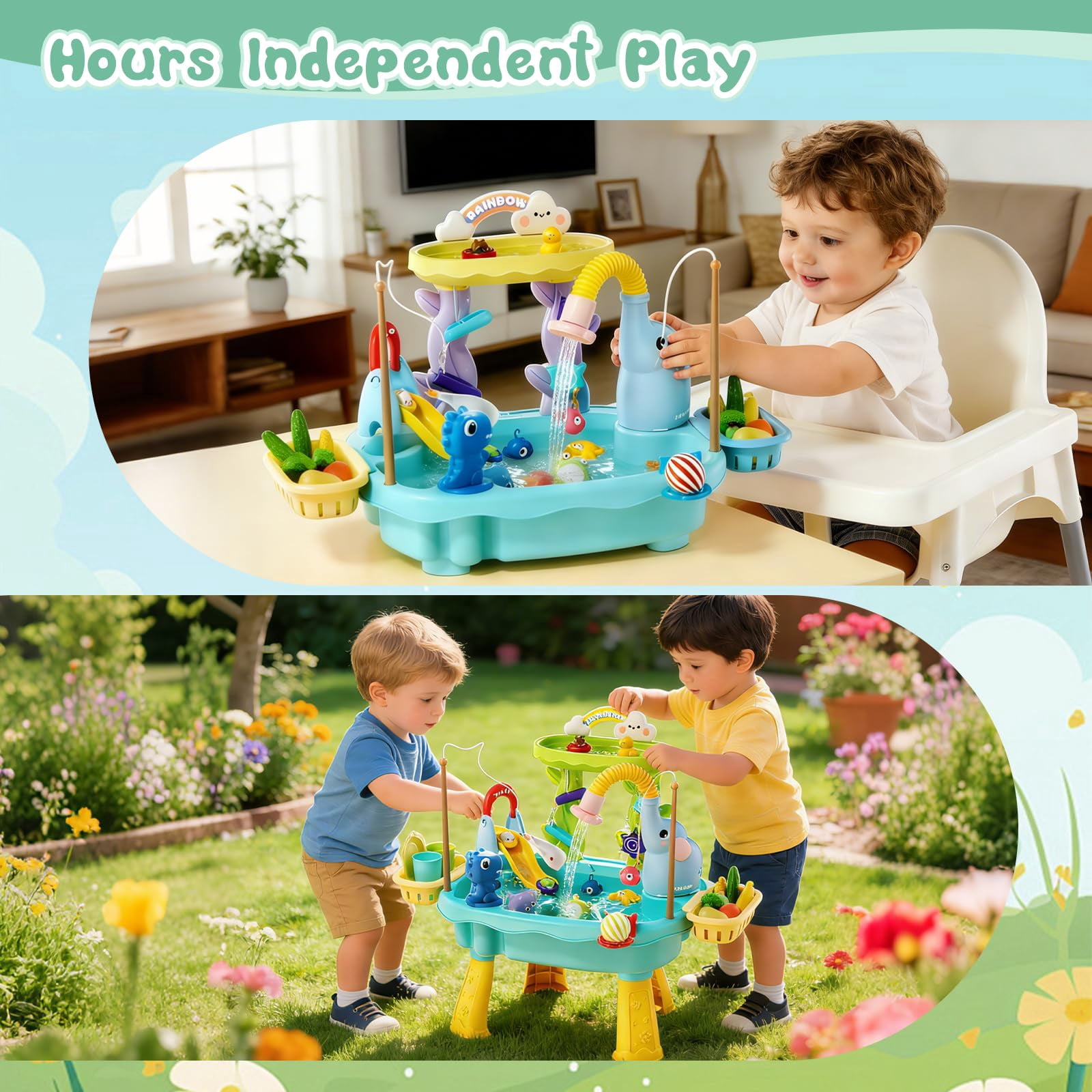 Simulation Kitchen Play Sink Water Table 2026 New Style, Electric Pump Faucet Sand Water Table with Fishing & Play Food Accessories