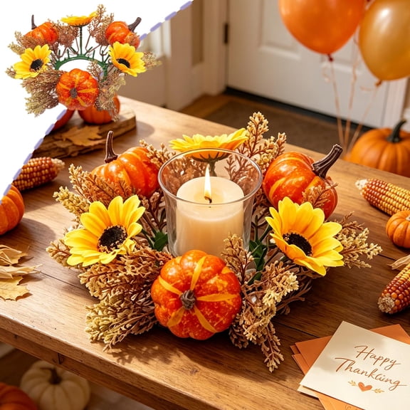 Simulation Maple Leaf Candle Wreath, 11 Inch Fall Candle Ring for Halloween Thanksgiving, Pumpkin Sunflower Table Decor