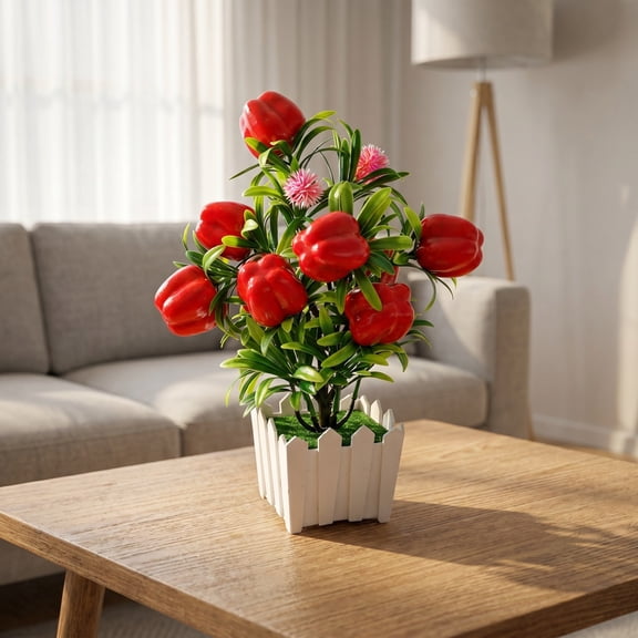 Simulation Of Pepper Potted Bonsai, Simulation Of Pepper Potted Ornaments, Artificial Red Pepper Plant In White Pot For Desk Windowsill Decor, Mini Plastic Flowerpot Fake Fruit Decoration