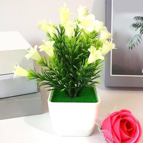 Simulation Potted Lily Small Bonsai White E, Artificial Flower Lilium in Pot Bonsai Outdoor Home Garden Decor (1*Simulation Flower Pot)