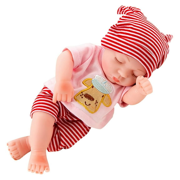 A Simulation Reborn Baby Doll Soft Vinyl Enamel Doll Toy Realistic Girl Doll With Red Stripe Outfit For Photography Prop Art Collection Companion Toy 30Cm Real Baby Size Doll