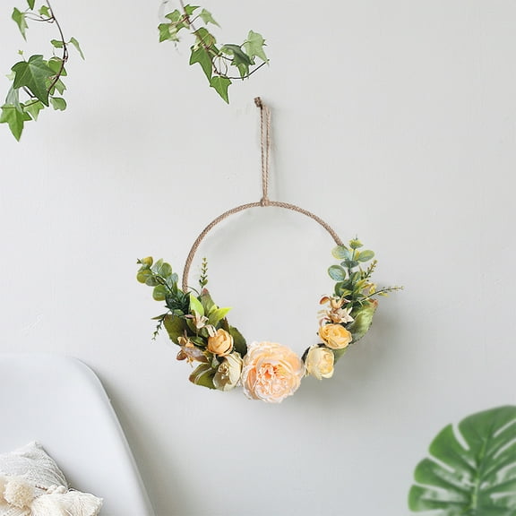 Simulation Rose Wreath for Door Wall Decoration, Artificial Fake Flower Ring for Wedding Home, Metal Frame Floral Arrangement for Living Room, 35x20cm