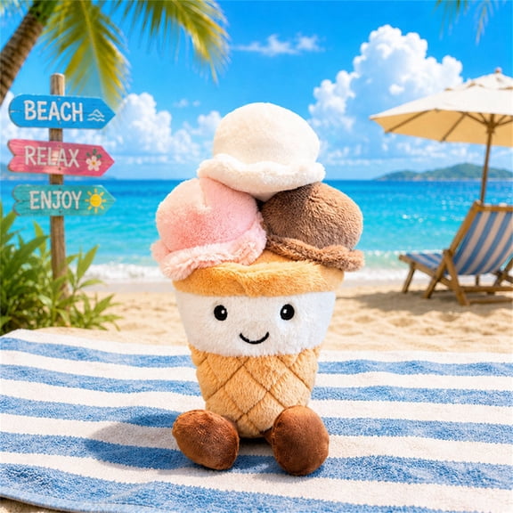 Simulation Triple Scoop Ice Cream Cone Plush Toys, Pastel Room Decor, Ice Cream Decorations for Party, Kawaii Room Decor, 1Pc 10X6 Inch Soft Smiling Ice Cream Stuffed Doll As Cozy