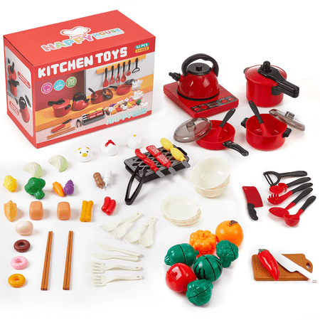 61PCS Play Food Set for Kids , Pretend Kitchen Play Cooking Toy with Cutting Toy Food, Pot & Pan Set, Toddler Learning Education Kitchen Toys, Play Fake Food Gifts for Girls Boys Ages 3+