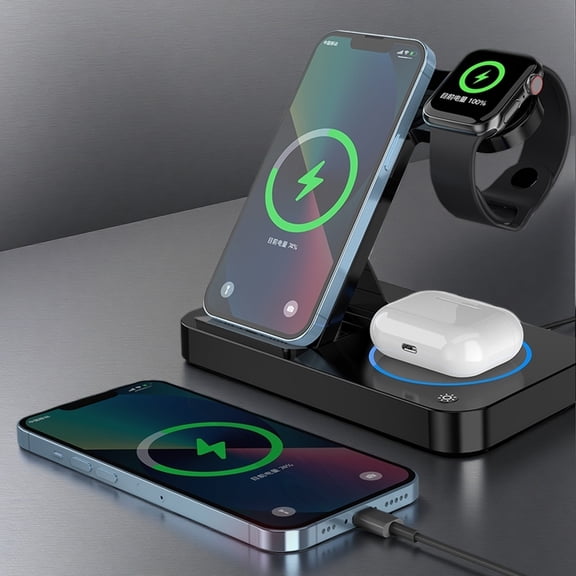 Simultaneous charging,with adjustable bracket+ambient lighting 4-in-1 Wireless Magnetic Charger with Headphone Holder for Apple Watch,AirPods, iPhone17/16/15/14/13/12 LG,Samsung Galaxy