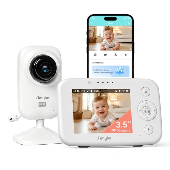 Simyke 720P WiFi Video Baby Monitor,WiFi On/Off Switch,3.5" LCD & App Viewing,2-Way Audio,Night Vision,VOX,5 Lullabies,1500ft Range, Home Use