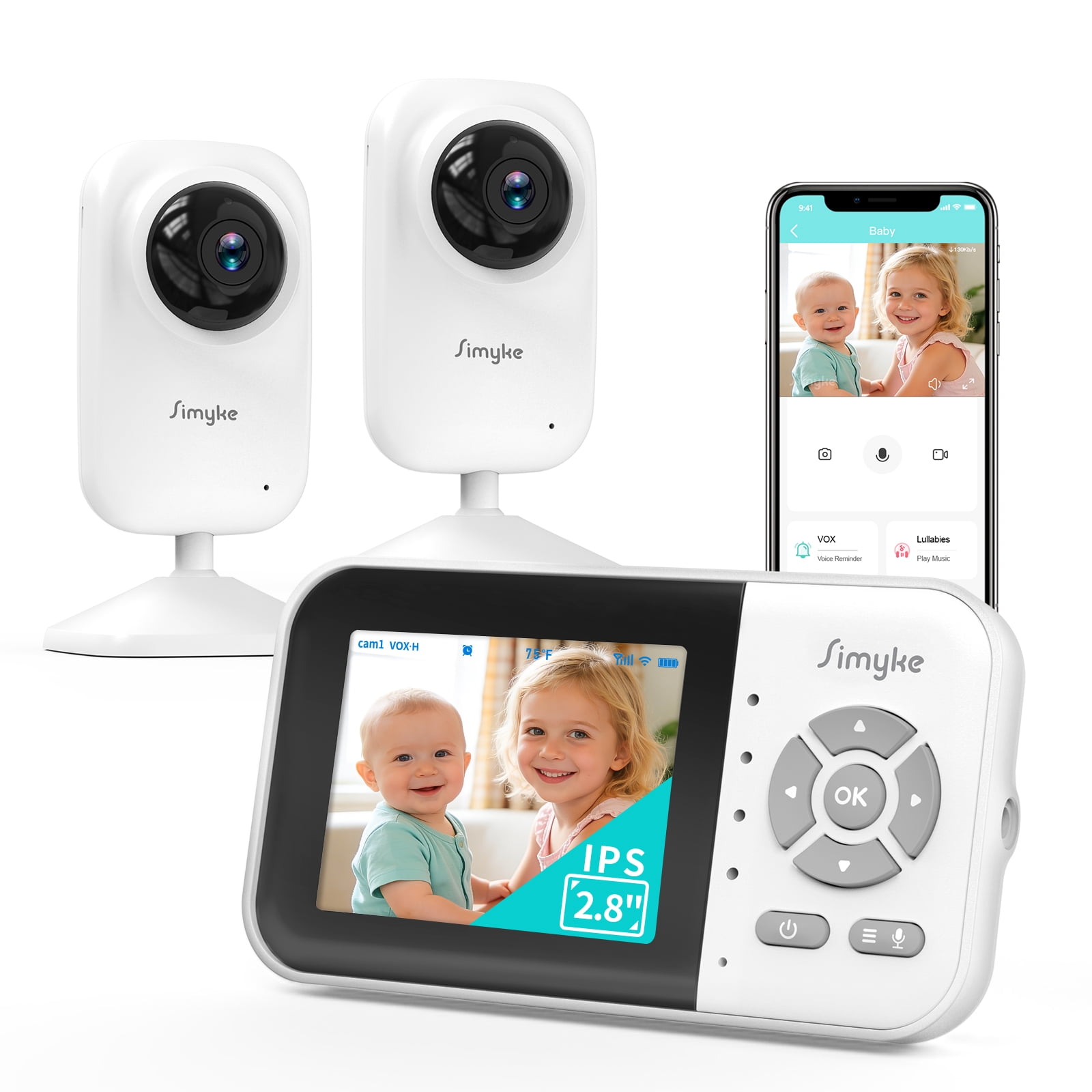 Simyke Dual Camera Video Baby Monitor, 2.8" LCD, Wireless, Night Vision, 2-Way Audio, App Access, 1200ft Range, Feeding Timer, Temperature Sensor, Portable for Home Use