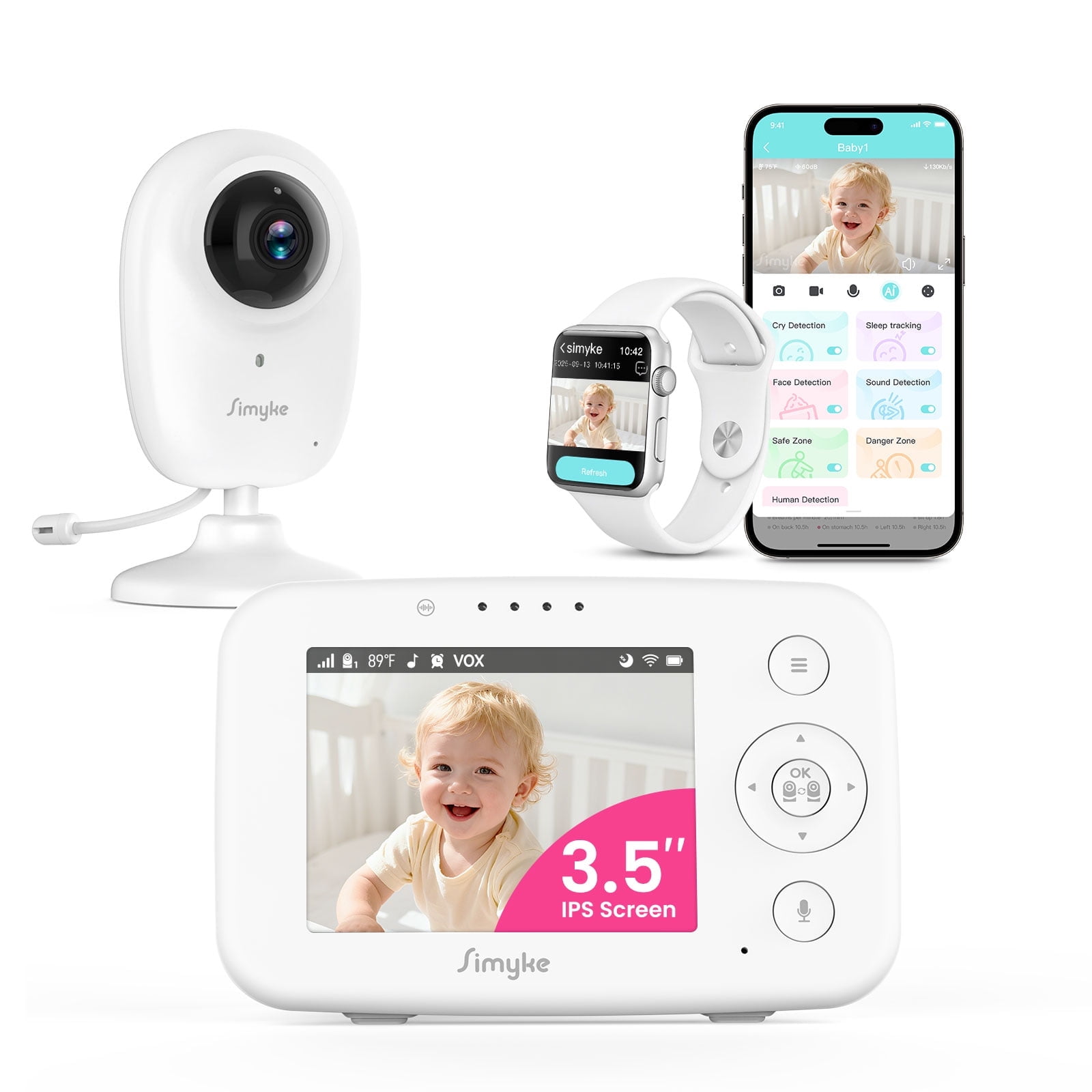 Simyke WiFi Smart Video Baby Monitor,3.5" LCD & App Viewing,2-Way Audio,Night Vision,VOX,5 Lullabies,1500ft Range, Home Use,AI Baby Growth Album
