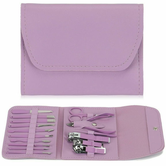 Simyoung 16pcs Manicure Sets,Mini Pedicure Kit & Nail Clippers Set,Professional Grooming Kit with PU Leather Case, Manicure Tools for Men and Women(Purple)
