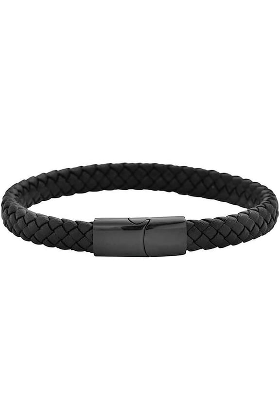 Fashion Black Men's Braided Leather Stainless Steel Cuff Bangle Bracelet Wristband Chain Genuine