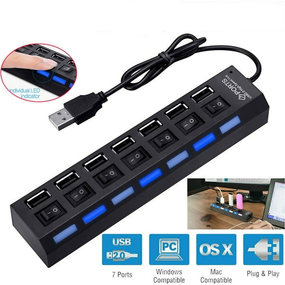 Simyoung High Speed 7 Port USB2.0 HUB Splitter Power Chord For Laptop PC Portable Hub Adapter Laptop Accessories Charge Mulitple Devices LED