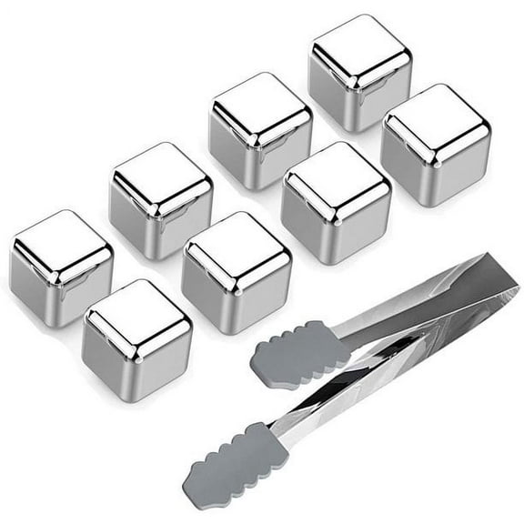 Simyoung Stainless Steel Ice Cubes Reusable Whisky Chilling Rocks Metal Ice Set of 8 with Tongs and Freezer Storage Tray for Beer Wine Cooler