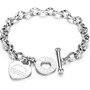 Simyoung Women's Charm Stainless Steel Heart Bracelet Silver Girl Link Chain Bangle Sliver