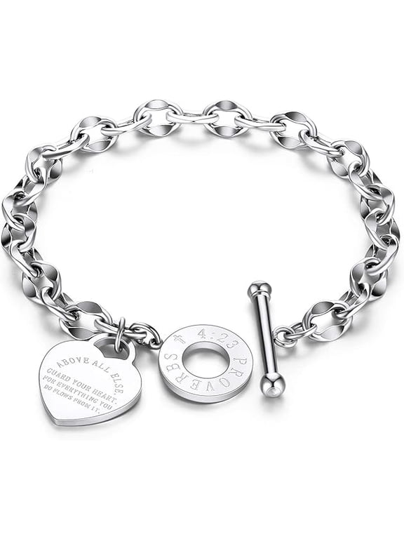 Women's Charm Stainless Steel Heart Bracelet Silver Girl Link Chain Bangle Sliver