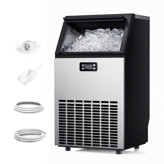 Simzlife Commercial Ice Maker, 100 Lbs/24H, Freestanding or Built-In, 33 Lb Storage Bin, Stainless Steel Ice Machine