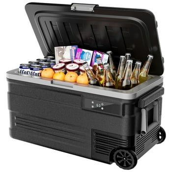 Simzlife 12 Volt Car Refrigerator, 80QT(75L) Portable RV Car Fridge with Wheels, 0℉~68℉, 12/24V DC & 110-240V AC, Black