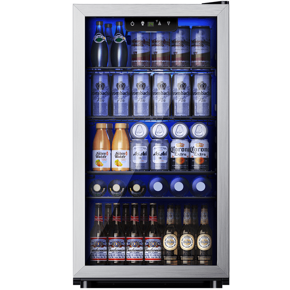 Simzlife 130 Can Beverage Refrigerator with Glass Door for Home, 17.3 in D, 31.3 in H, Silver