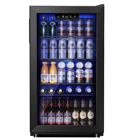 Simzlife 130 Can Beverage Refrigerator with Glass Door for Home, 17.3 in D, 31.3 in H, Black