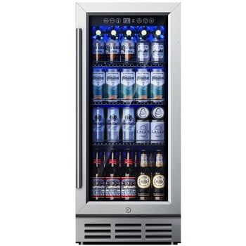 Simzlife 15 Inch Beverage Refrigerator, 130 Can Built-in Beverage Cooler, Under Counter Beer Fridge with Glass Door for Soda, Water, Wine - For Kitchen, Bar or Office