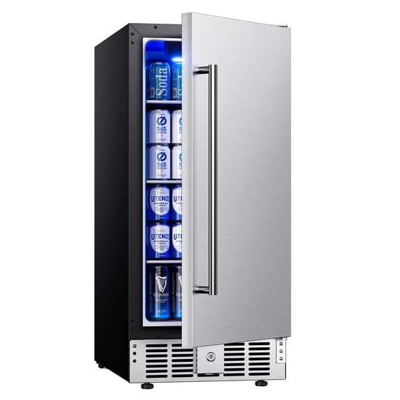 Simzlife 3.2 Cu.ft Built-in Beverage Refrigerator,130 Cans Under Counter Cooler Fridge in Silver Stainless Steel, Auto LED Lights