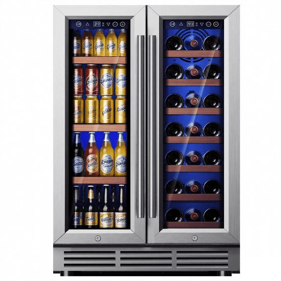 Simzlife 24" Dual Zone Beverage Refrigerator,up to 21 Bottles&88 Cans,Wine Fridge Cooler,Silver