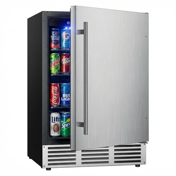 Simzlife 24 in. Single Zone 180-Cans Built-in Beverage Refrigerator Cooler Fridge in Silver Stainless Steel, with Auto LED Lights