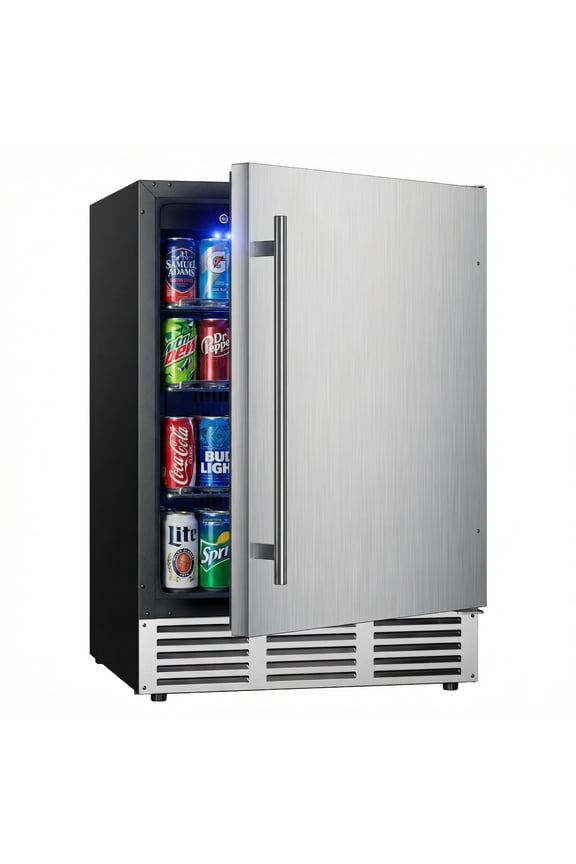 24 in. Single Zone 180-Cans Built-in Beverage Refrigerator Cooler Fridge in Silver Stainless Steel, with Auto LED Lights