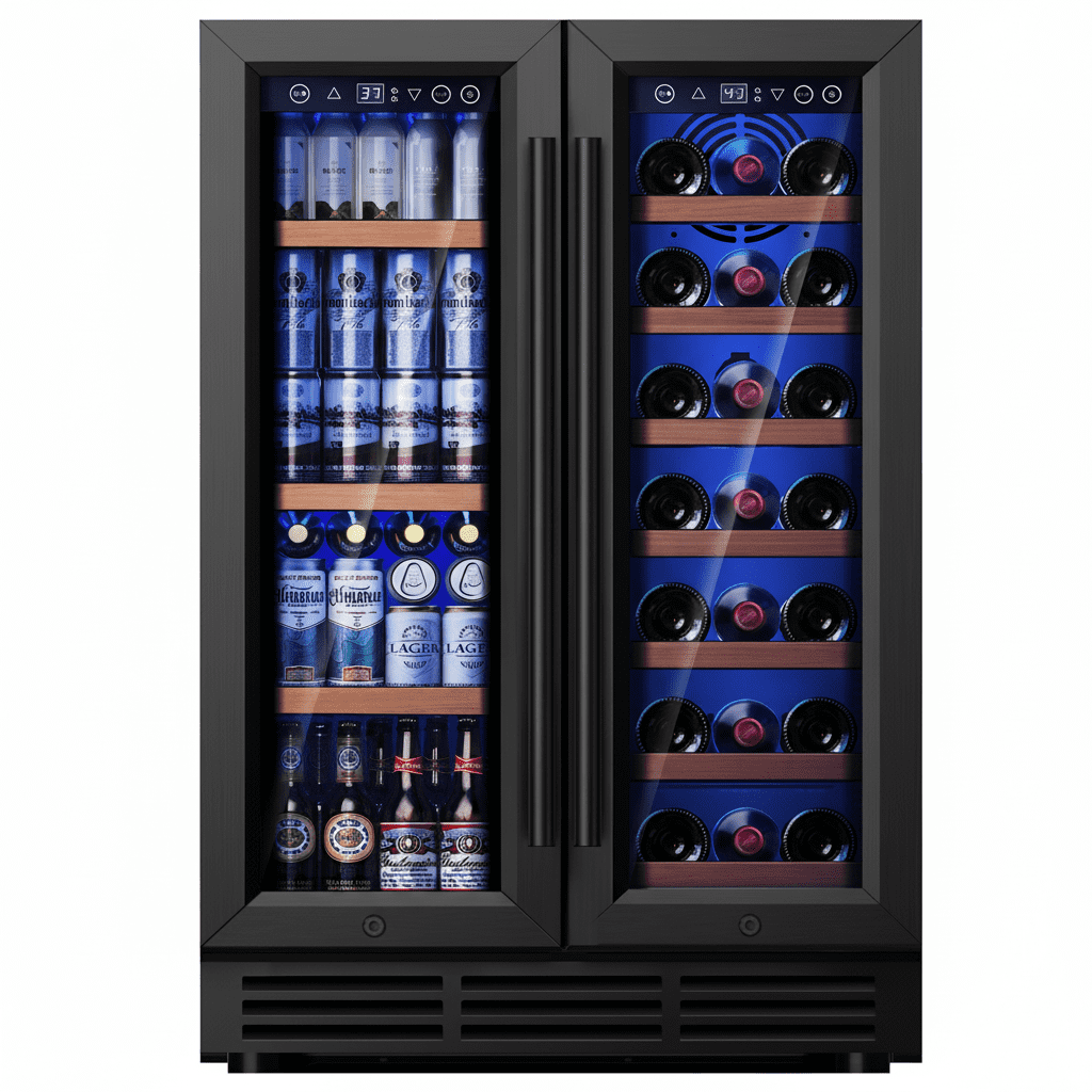 Simzlife 24 Inch Dual Zone Beverage Refrigerator with Glass Door Hold 21 Bottles & 88 Cans,Built-in/Freestanding Wine Fridge for Home/Bar/Office