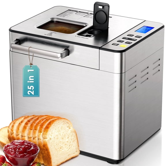Simzlife 25-in-1 Bread Maker, 2LB Fully Automatic Bread Machine with Auto Fruit & Nut Dispenser, Gluten-Free Program, Digital Display, Nonstick Pan, Stainless Steel