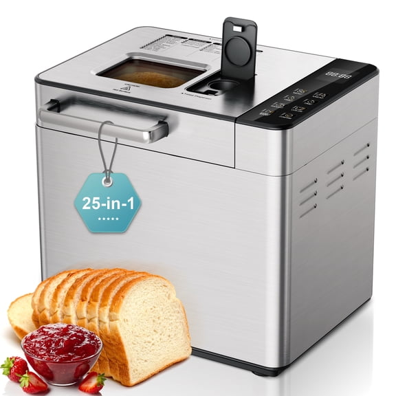 Simzlife 25-in-1 Bread Maker, 2LB Fully Automatic Bread Machine with Auto Fruit & Nut Dispenser, Gluten-Free Program, Digital Display, Nonstick Pan, Stainless Steel