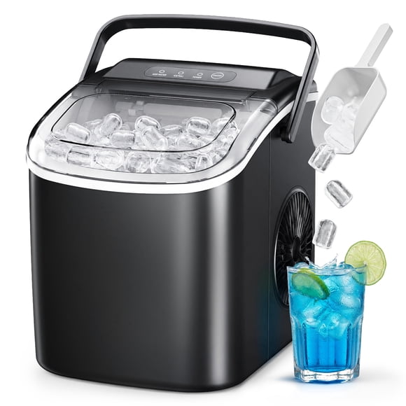 Simzlife 26 lbs/24H Countertop Ice Maker Machine, 9 Bullet-Shaped Ice in 6 Min, Auto-Cleaning Portable Ice Maker for Kitchen, Home, Office, RV, Black