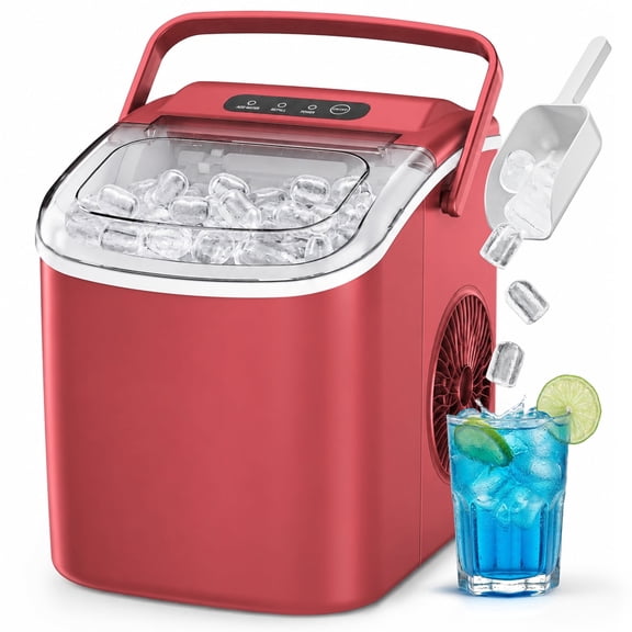 Simzlife Portable Ice Maker Countertop, 26 lbs/24H, 9 Bullet-Shaped Ice in 6 Min, Self-Cleaning Portable Ice Maker for Kitchen, Home, Office, RV, Red