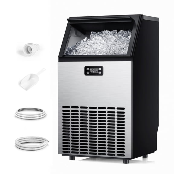 Simzlife Commercial Ice Maker, 100 Lbs/24H, Freestanding or Built-In, 33 Lb Storage Bin, Stainless Steel Ice Machine