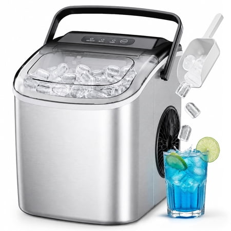 Simzlife Portable Ice Maker Countertop, 26 lbs/24H, 9 Bullet-Shaped Ice in 6 Min, Self-Cleaning Portable Ice Maker for Kitchen, Home, Office, RV, Stainless Steel