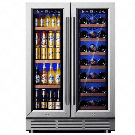 Simzlife Wine and Beverage Refrigerator, Wine Cooler- 21 Bottles & 88 Cans, Built-in/Freestanding Dual Zone Wine Fridge with Glass Door, Removable Shelves for Home/Bar/Office