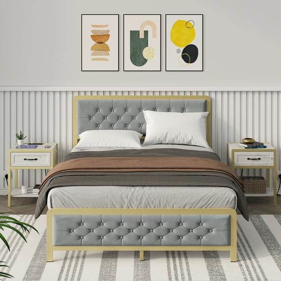 Simzone Golden Full Size Bed Frame Upholstered Bed Frame with Button Tufted Headboard Heavy Duty Metal Easy Assembly,No Box Spring Needed, Gray