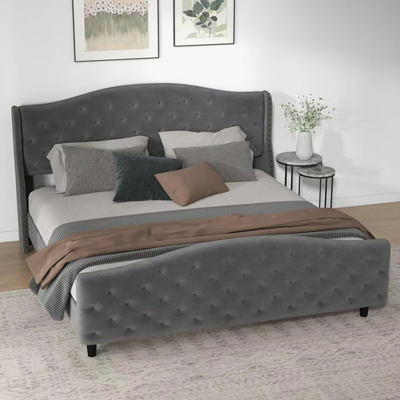 Simzone King Tufted Upholstered Platform Bed Frame with Diamond Headboard and Footboard, Velvet Platform Bed Raised Wing Back Headboard, Wood Slat, Gray
