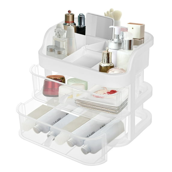 Simzone Makeup Organizer Cosmetic Display Cases Storage Skin Care Storage box Makeup Box Brush Holder Jewelry Storage Case, White, 2 layer