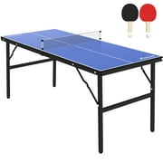 Simzone Portable Table Tennis Table, Mid-Size Ping Pong Table for Indoor Outdoor Foldable Table Tennis Table with Net, Blue, 60 x 26 x 27.5inch