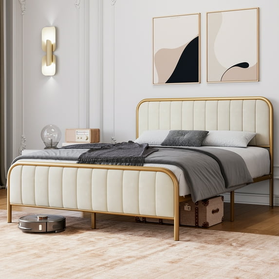 Simzone Queen Size Upholstered Bed Frame with Velvet Headboard, Golden Metal Heavy Duty Mattress Foundation, Noise Free Design, No Box Spring Needed, Gold/Beige