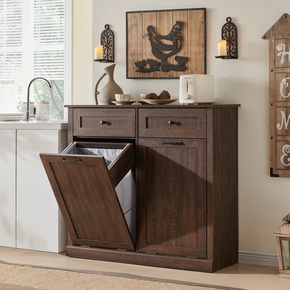 SinCiDo Kitchen Double Tilt Out Trash Can Cabinet, 20 Gallon Farmhouse Wooden Trash Garbage Can with Drawer