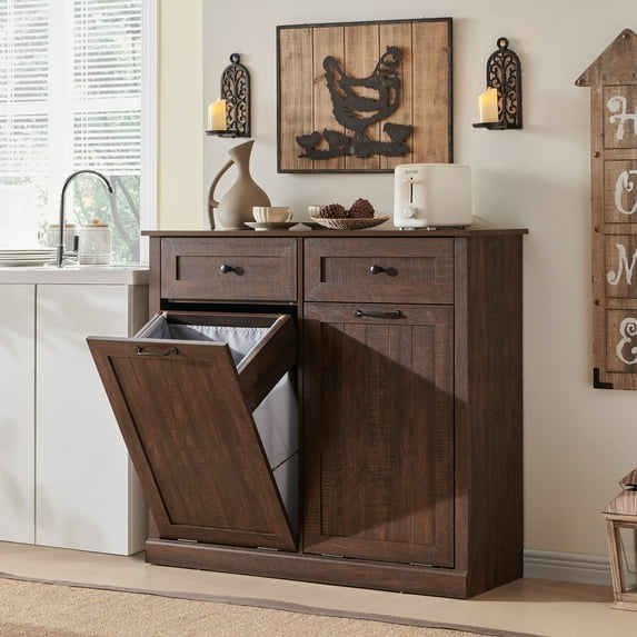 SinCiDo Kitchen Double Tilt Out Trash Can Cabinet, 20 Gallon Farmhouse Wooden Trash Garbage Can with Drawer