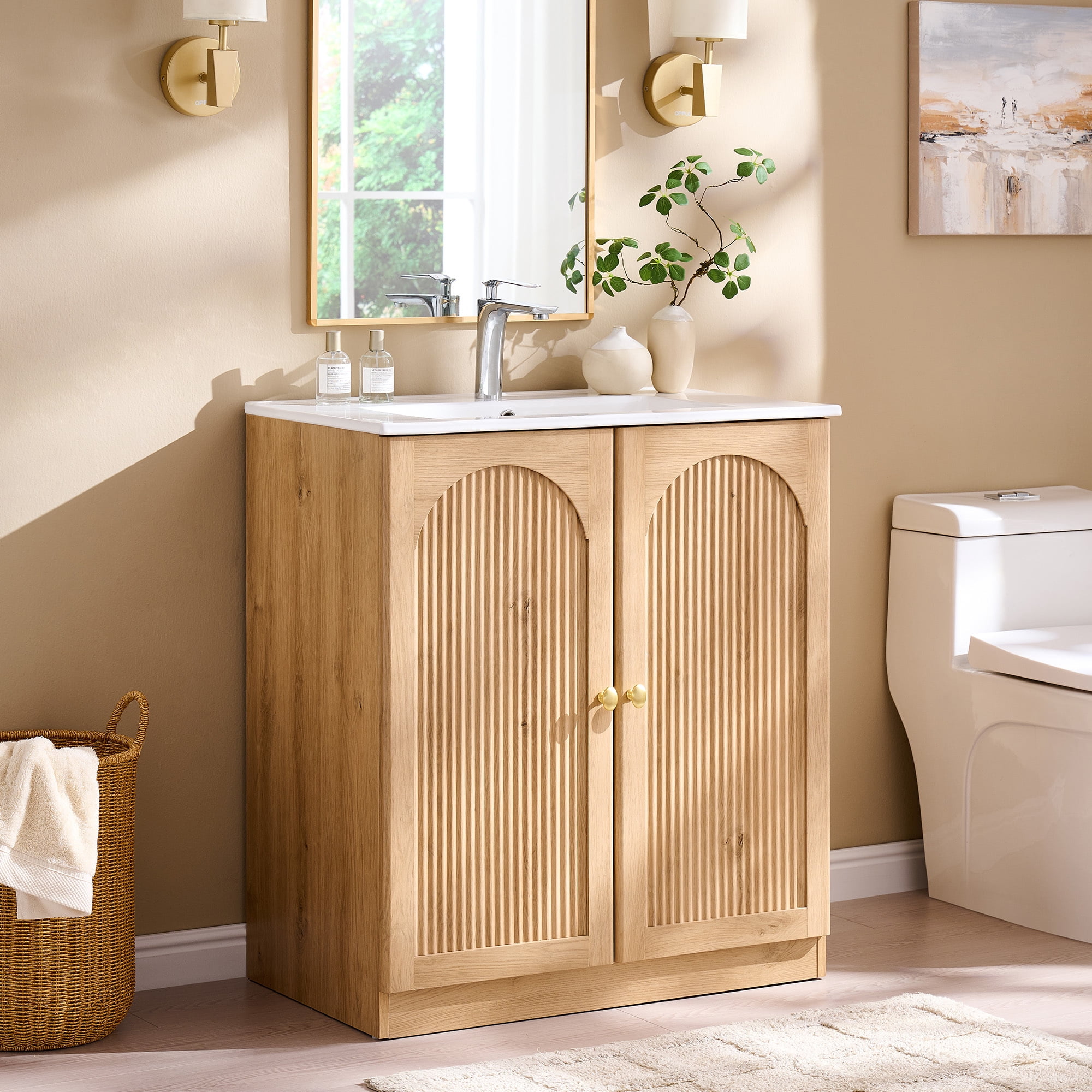 SinCiDo 30 Inch Bathroom Vanity with Sink, Arched Bathroom Vanity Cabinet with Ceramic Basin, Modern Fluted Bathroom Vanity w/Adjustable Shelf
