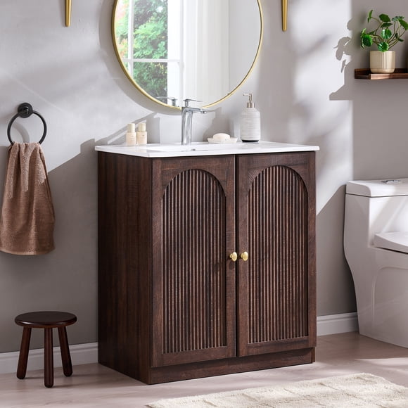 SinCiDo 30 Inch Bathroom Vanity with Sink, Arched Bathroom Vanity Cabinet with Ceramic Basin, Modern Fluted Bathroom Vanity w/Adjustable Shelf